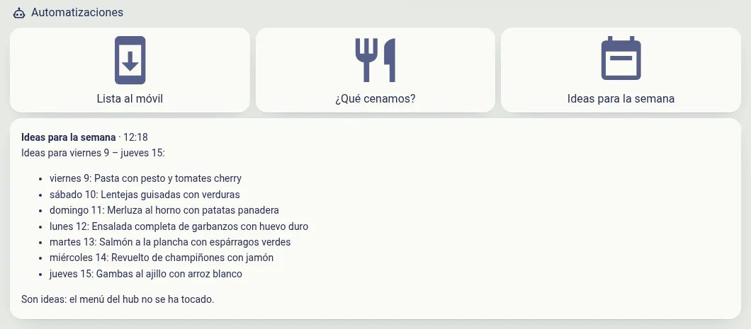 La sección de automatizaciones de la tablet: tres botones (Lista al móvil, ¿Qué cenamos?, Ideas para la semana) y debajo la respuesta con siete ideas de cena.