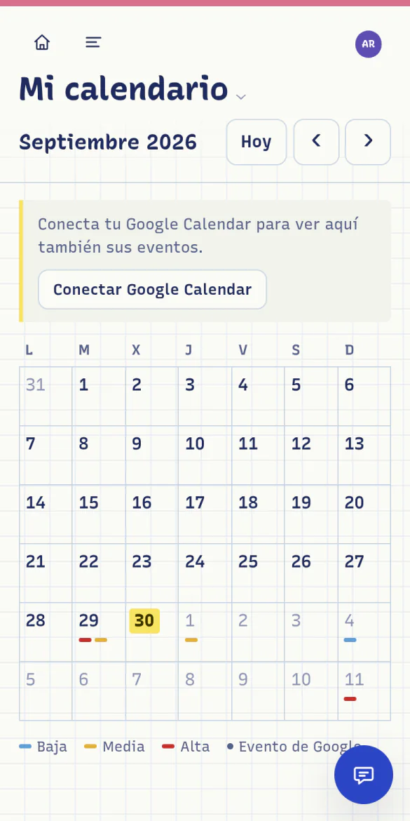 Vista mensual del calendario con los días que tienen recordatorios marcados por color de importancia.