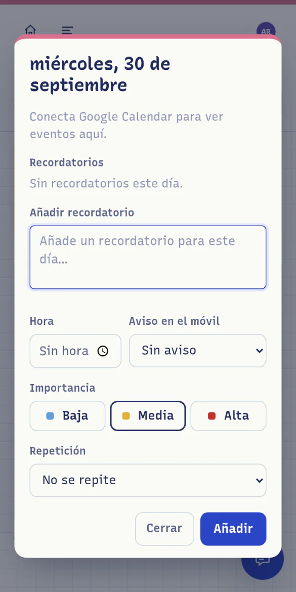 Hoja de un día con dos recordatorios, uno a las 9:15 y otro a las 17:30 con aviso 30 minutos antes, y el formulario para añadir otro.
