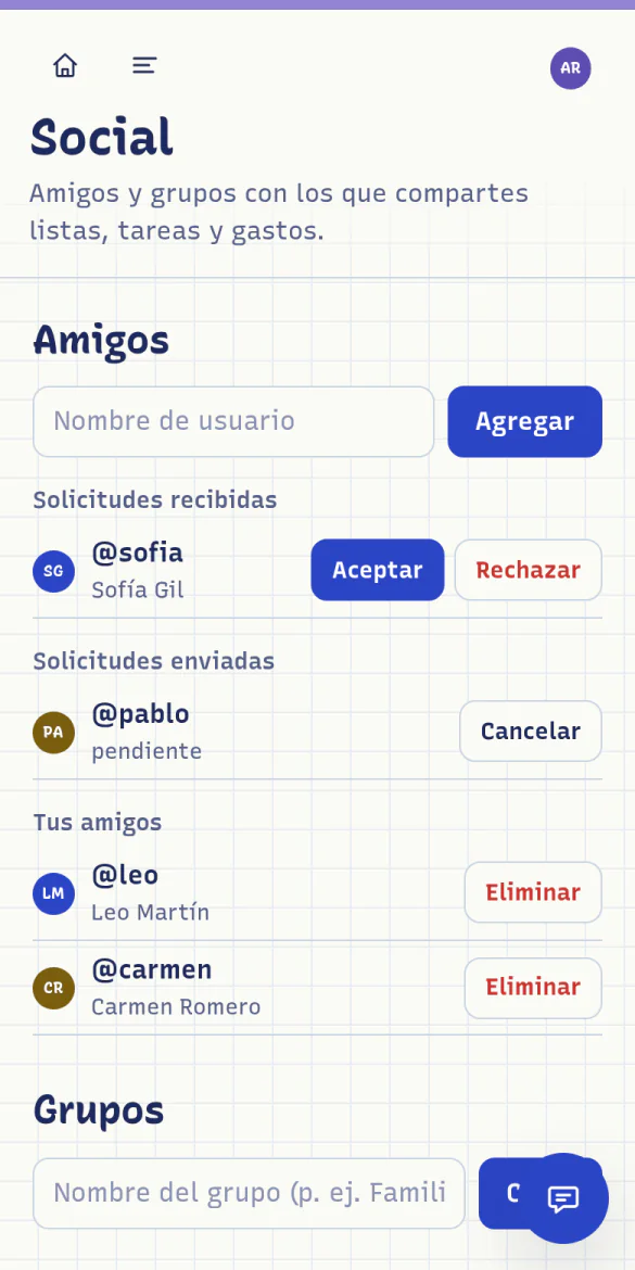 Pantalla de amigos y grupos, con los miembros de un grupo y su actividad reciente.