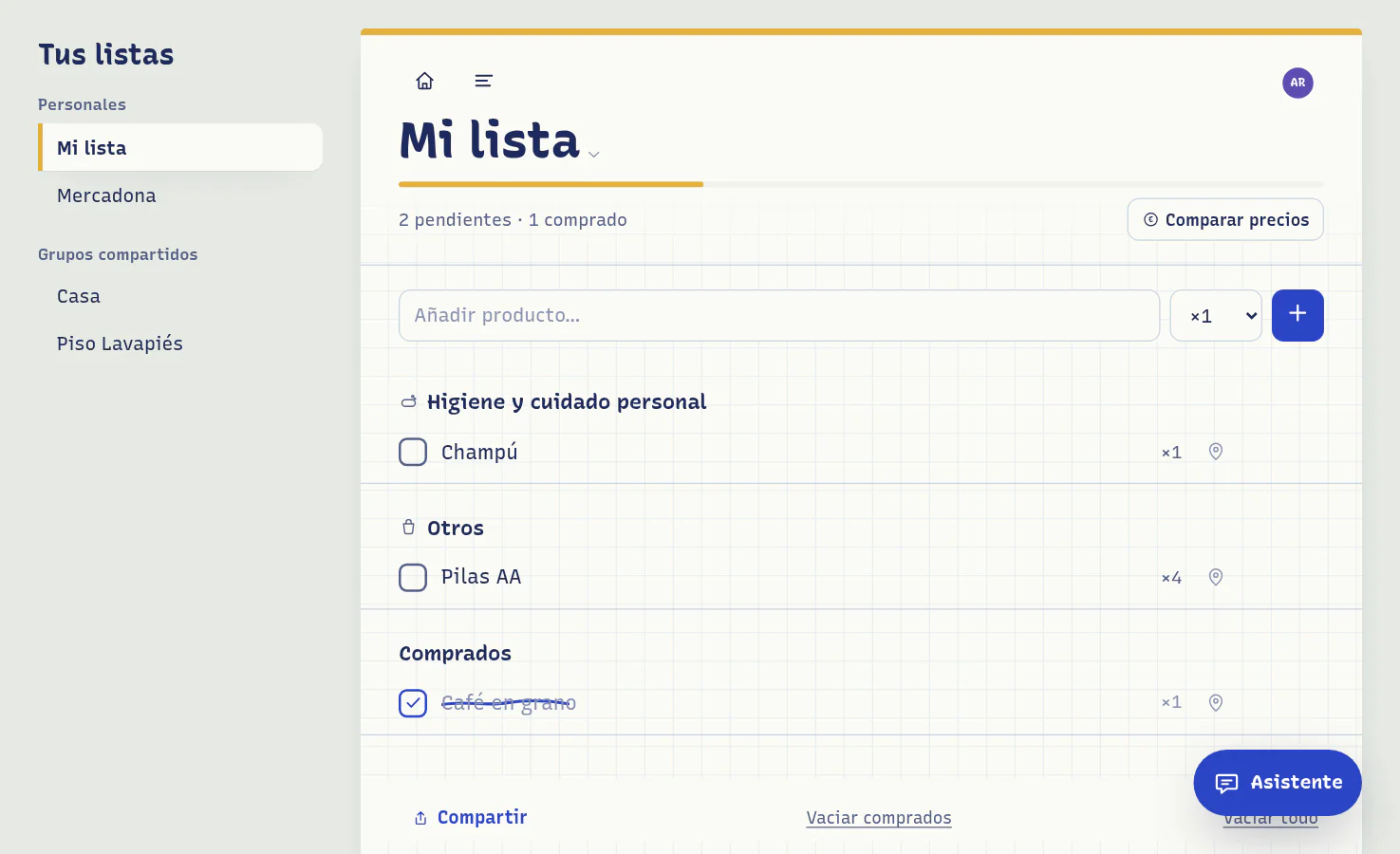 El hub en un ordenador: la lista de la compra a pantalla completa con la barra lateral de listas personales y de grupos.