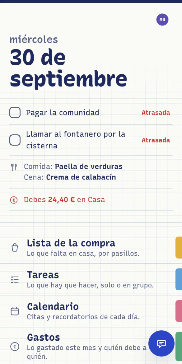 Inicio del hub en el móvil: fecha, lo de hoy y los separadores de colores de cada app.
