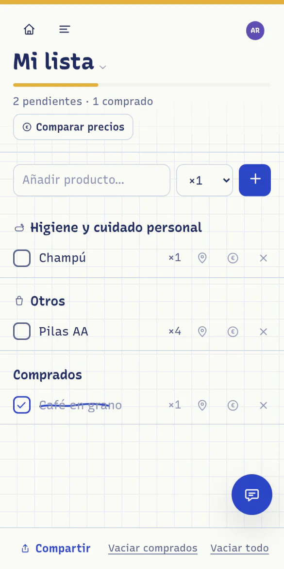 Lista personal con dos productos pendientes agrupados por pasillo y uno ya comprado, tachado.