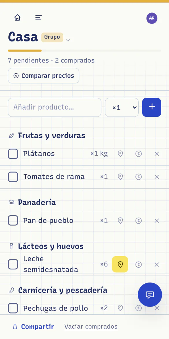 Lista de la compra del grupo Casa, con la etiqueta Grupo y los productos por pasillos.