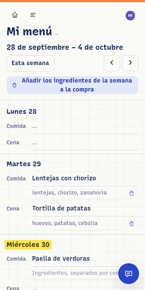 Semana del menú con la comida y la cena de cada día.