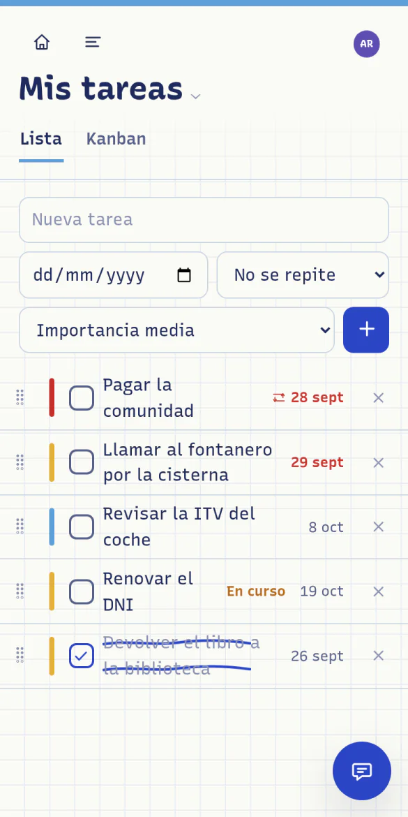 Lista de tareas personales con marcas de importancia, una tarea atrasada y otra para hoy.